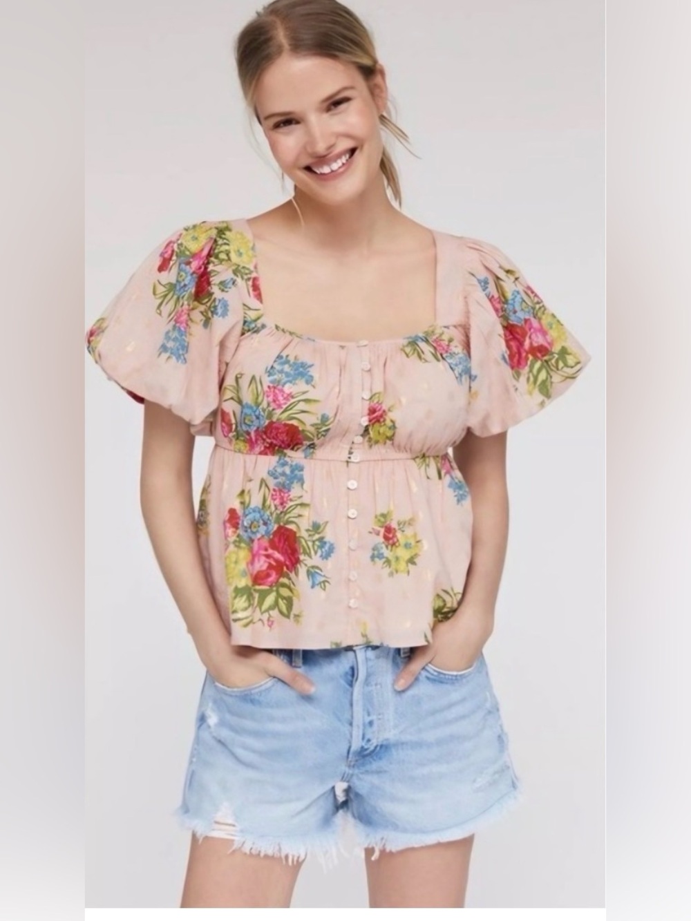 NWT Love The Label for Anthropologie Floral Puff Sleeve Top Size Small